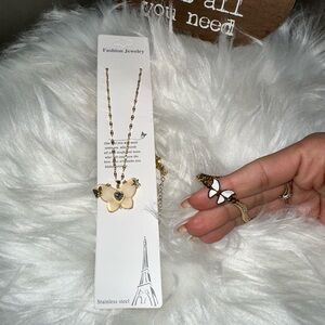 Butterfly Pendant Necklace and bracelet Set - Gold and White